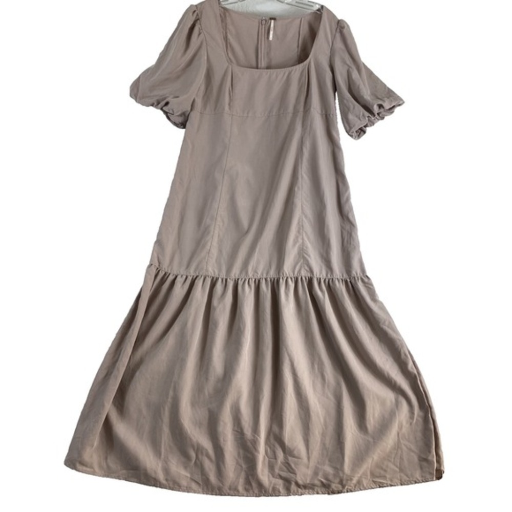 Free People Jordan Midi Dress Sz S‎ Mauve Puff Short Sleeve Drop Ruffle Hem - Picture 3 of 10